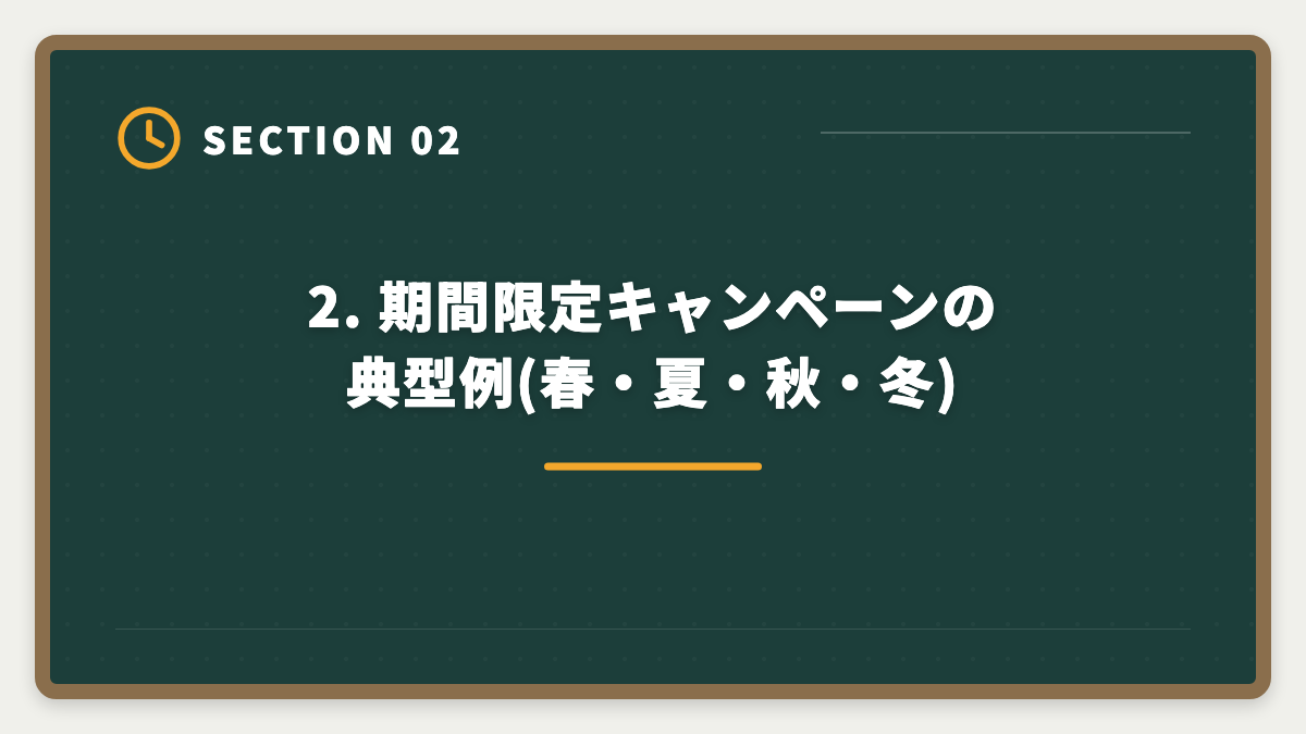 2. 期間限定キャンペーンの典型例(春・夏・秋・冬)|宅建アガルートのキャンペーン最新まとめ|お得な申込タイミング年間カレンダーの図解