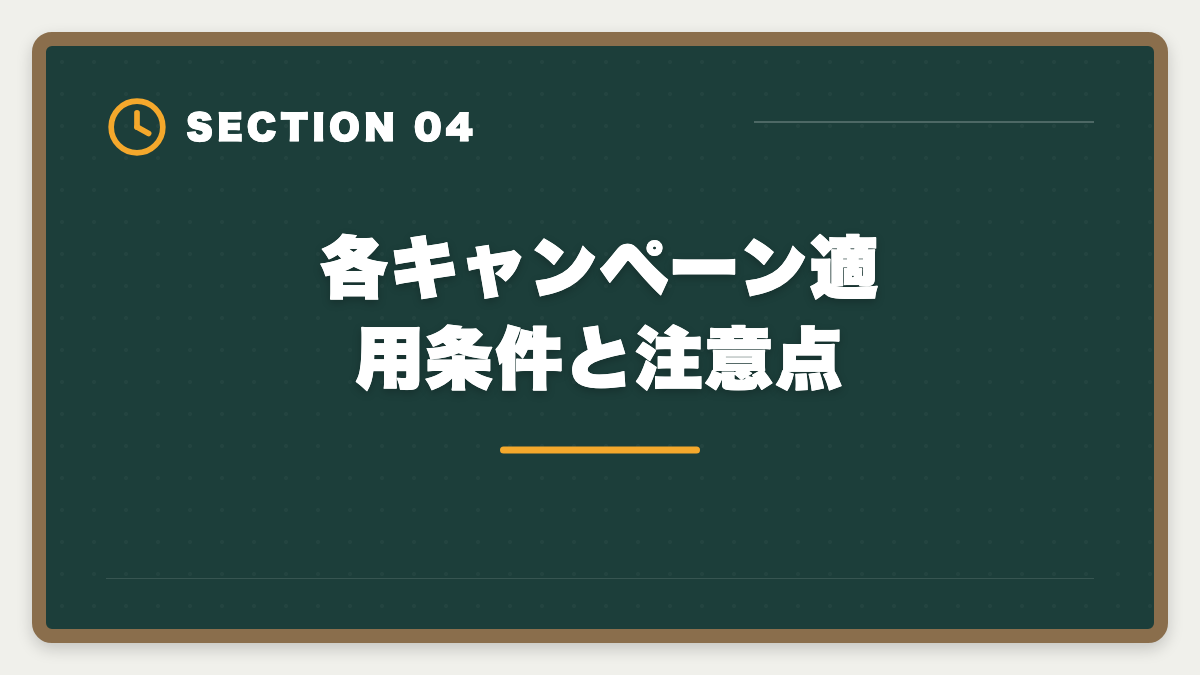 各キャンペーン適用条件と注意点｜弁理士アガルートキャンペーン最新【2026年版】全額返金・お祝い金・教育訓練給付金を最大活用する申込タイミング戦略の図解
