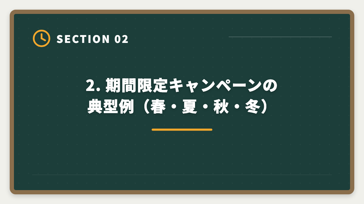2. 期間限定キャンペーンの典型例（春・夏・秋・冬）｜宅建スタディングのキャンペーン最新情報|お得な申込タイミングと割引活用戦略を業界視点で解説の図解