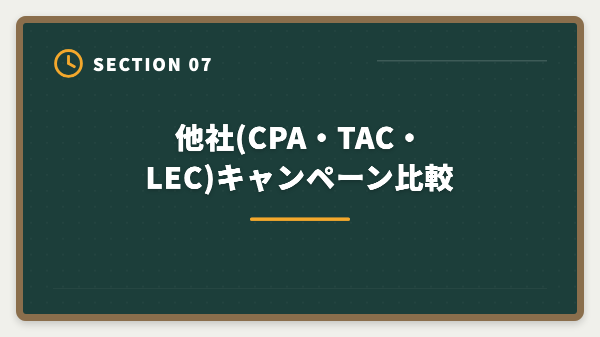 他社(CPA・TAC・LEC)キャンペーン比較|公認会計士|大原キャンペーン最新情報と割引適用例・申込タイミング戦略の図解