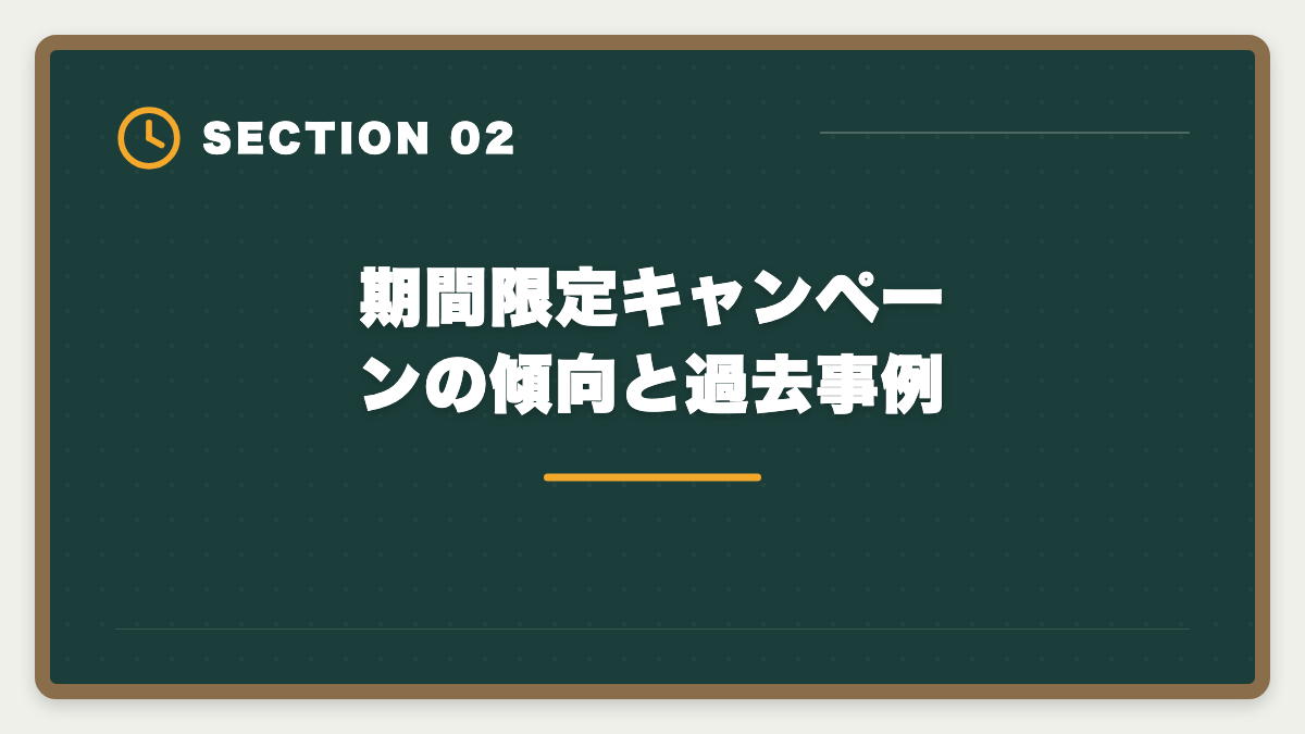 期間限定キャンペーンの傾向と過去事例|弁理士スタディングのキャンペーン最新情報|常時開催の割引とお祝い金、最もお得な申込時期を士業歴8年が公開の図解
