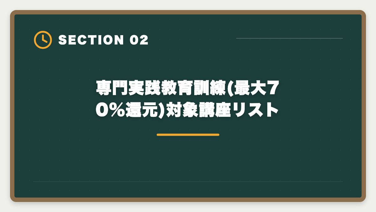 専門実践教育訓練(最大70%還元)対象講座リスト|弁理士の教育訓練給付金 対象講座と最大70%還元の申請ガイド完全版の図解