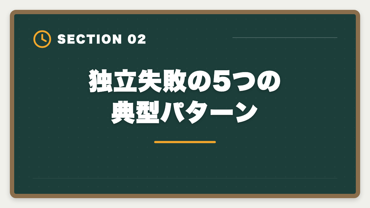 独立失敗の5つの典型パターン｜税理士独立開業で失敗する5つのパターン｜成功者の準備と差を本音解説の図解