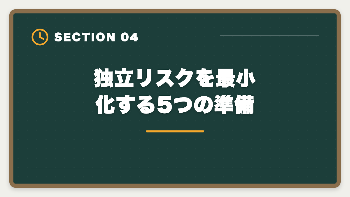 独立リスクを最小化する5つの準備｜税理士独立開業で失敗する5つのパターン｜成功者の準備と差を本音解説の図解