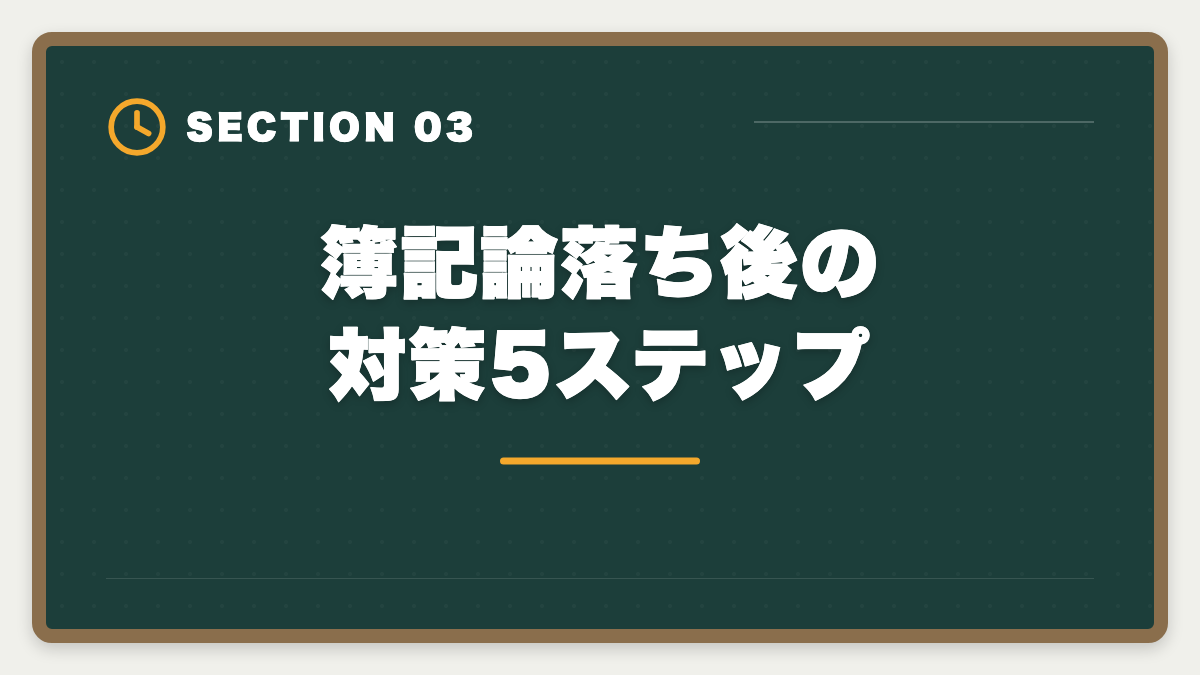 簿記論落ち後の対策5ステップ｜税理士簿記論に落ちた後の再挑戦戦略｜原因分析と次回合格プランの図解