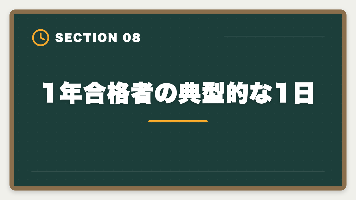1年合格者の典型的な1日｜弁理士1年合格者の体験談｜超短期合格を実現する5つの共通点の図解