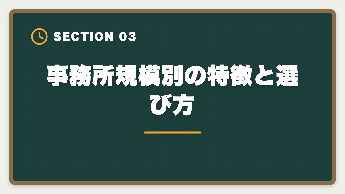 事務所規模別の特徴と選び方｜税理士受験生の会計事務所転職完全ガイド｜事務所規模別の選び方と成功5ステップの図解