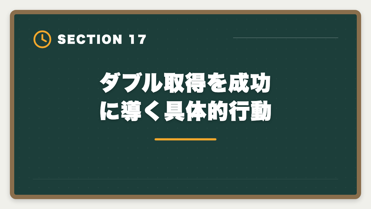 ダブル取得を成功に導く具体的行動|土地家屋調査士と司法書士のダブル取得は最強!年収2000万円実現戦略の図解