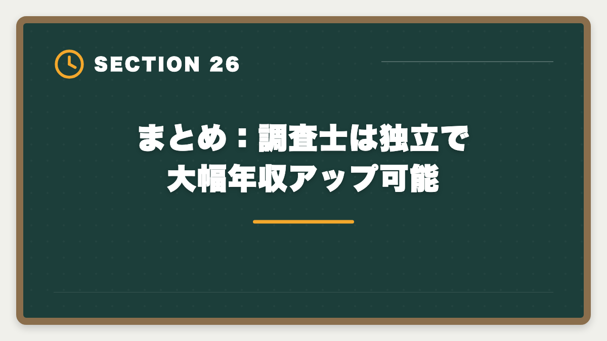まとめ:調査士は独立で大幅年収アップ可能|土地家屋調査士の年収リアル!勤務500万・独立2000万の二極化を徹底解説の図解