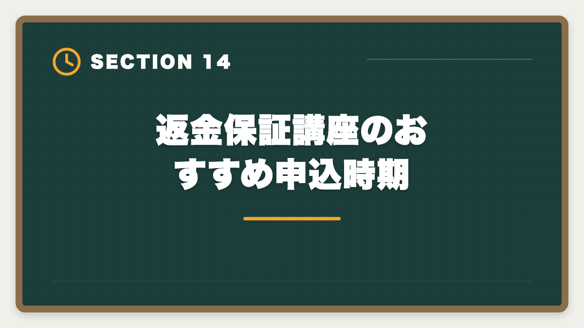 返金保証講座のおすすめ申込時期｜弁理士講座の全額返金保証はある？アガルート全額還元×給付金で実質0円も視野の図解