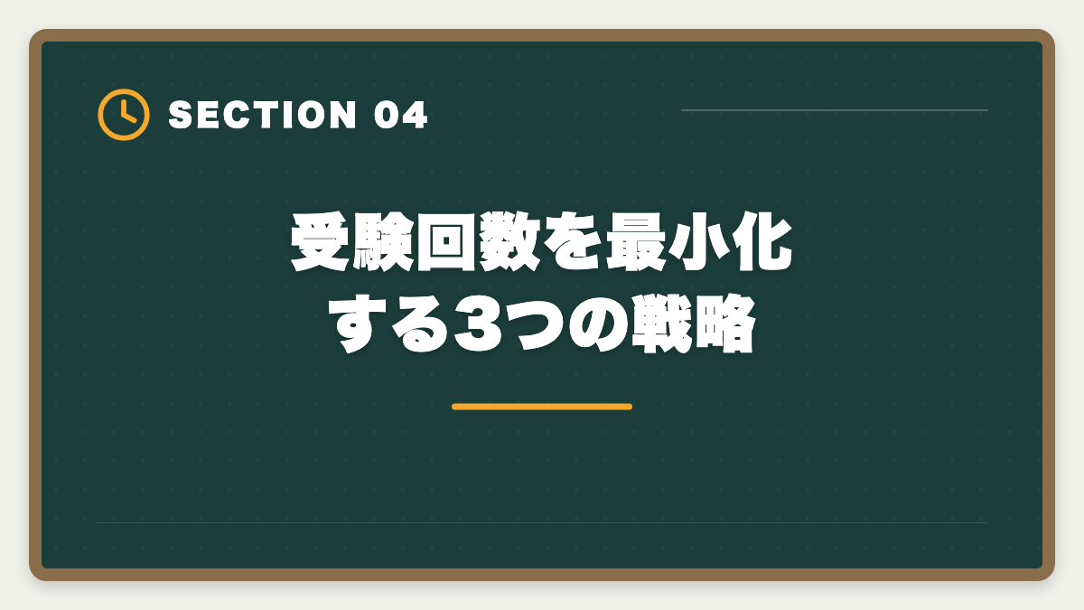 受験回数を最小化する3つの戦略｜税理士試験の受験回数平均は何回？1発合格〜10回目合格まで本音解説の図解