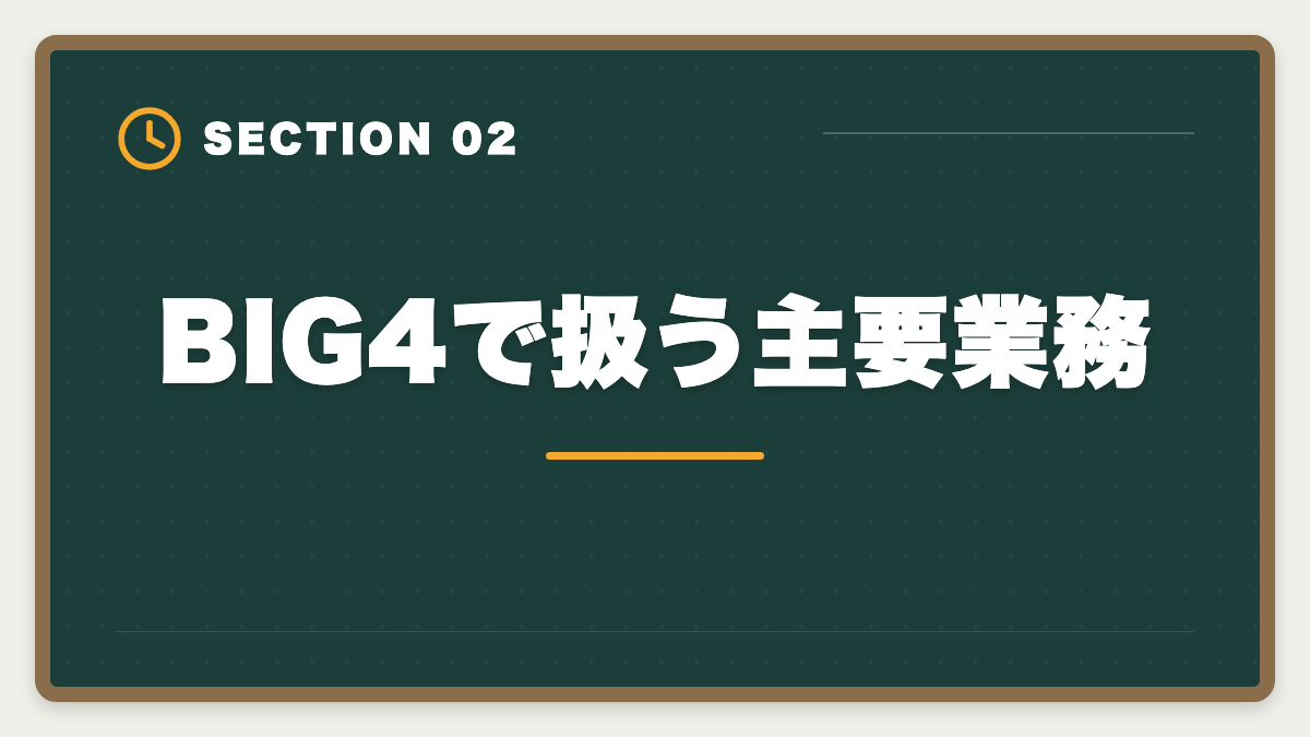 BIG4で扱う主要業務｜税理士でBIG4税理士法人に入社する方法｜年収・必要スキル・3つのルートの図解