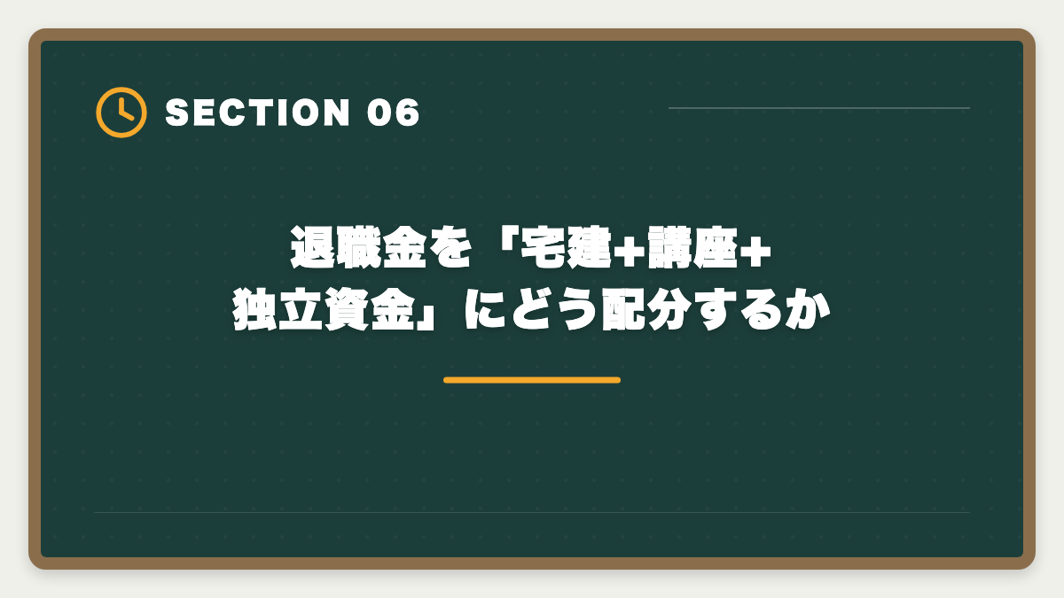 退職金を「宅建+講座+独立資金」にどう配分するか｜宅建で50代未経験から不動産業転職｜年収400〜600万円・セカンドキャリア成功戦略の図解