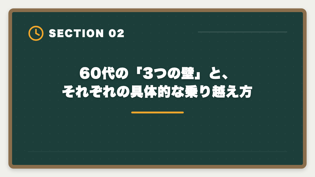60代の「3つの壁」と、それぞれの具体的な乗り越え方｜宅建は60代シニアから挑戦可能｜10ヶ月計画で合格・セカンドキャリア戦略の図解