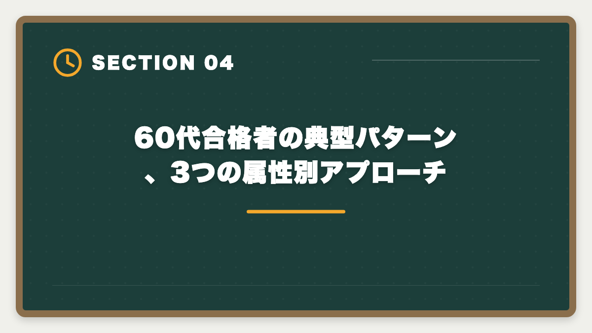 60代合格者の典型パターン、3つの属性別アプローチ｜宅建は60代シニアから挑戦可能｜10ヶ月計画で合格・セカンドキャリア戦略の図解