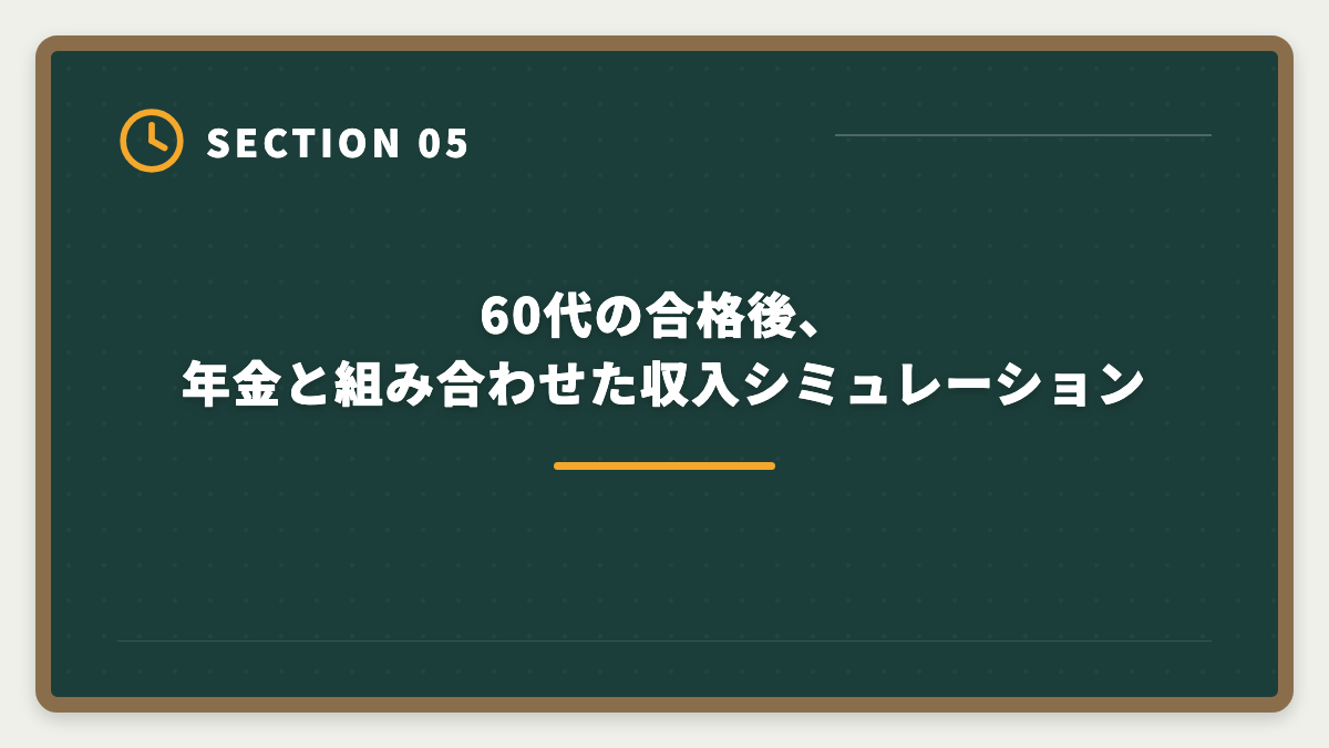 60代の合格後、年金と組み合わせた収入シミュレーション｜宅建は60代シニアから挑戦可能｜10ヶ月計画で合格・セカンドキャリア戦略の図解