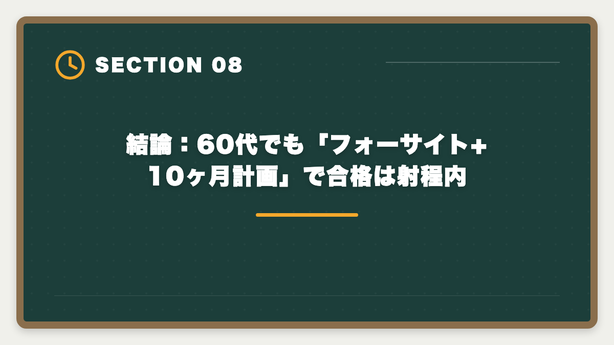 結論：60代でも「フォーサイト+10ヶ月計画」で合格は射程内｜宅建は60代シニアから挑戦可能｜10ヶ月計画で合格・セカンドキャリア戦略の図解