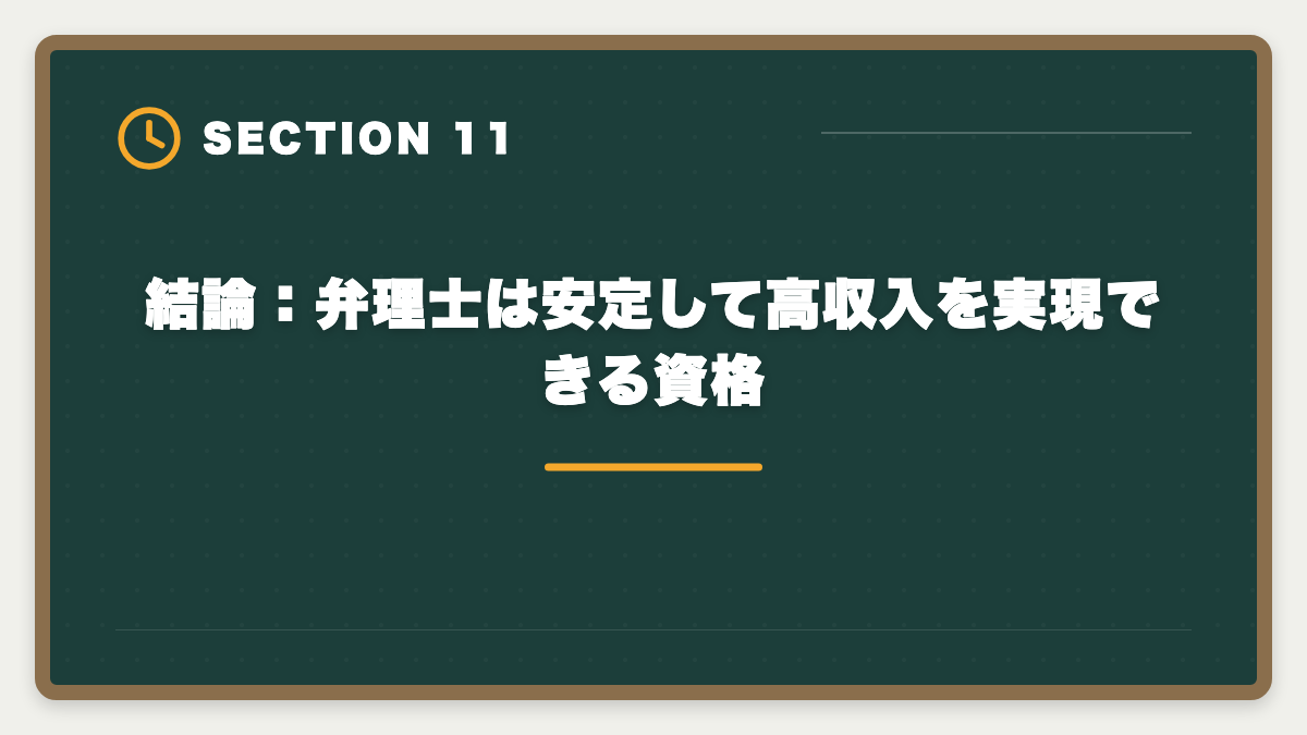 結論：弁理士は安定して高収入を実現できる資格｜弁理士の年収は平均700〜800万円｜勤務形態別・年齢別の実態を完全公開の図解