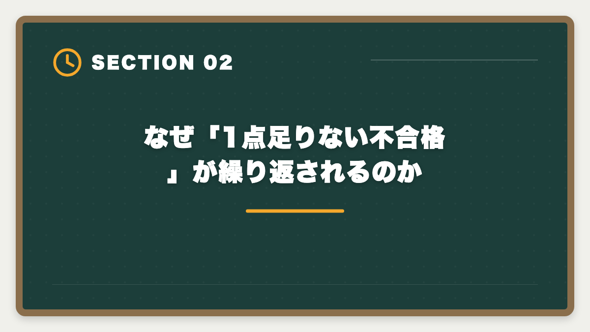 なぜ「1点足りない不合格」が繰り返されるのか|宅建で1点足りない不合格を繰り返さない3つの対策|合格者が振り返る本試験戦略の図解