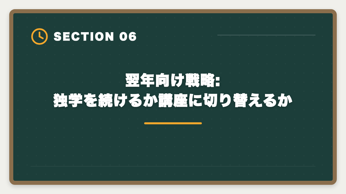 翌年向け戦略:独学を続けるか講座に切り替えるか|宅建で1点足りない不合格を繰り返さない3つの対策|合格者が振り返る本試験戦略の図解