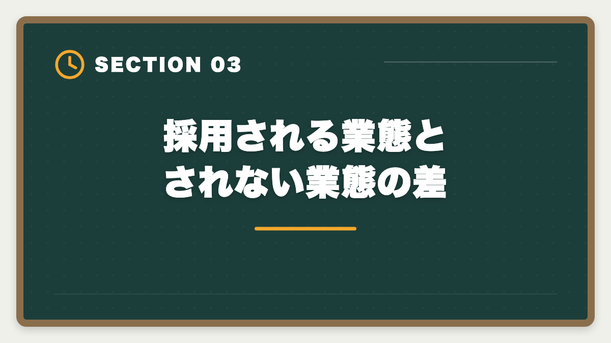 採用される業態とされない業態の差|宅建40代未経験から不動産業転職で後悔しない判断軸|年収・働き方完全ガイドの図解