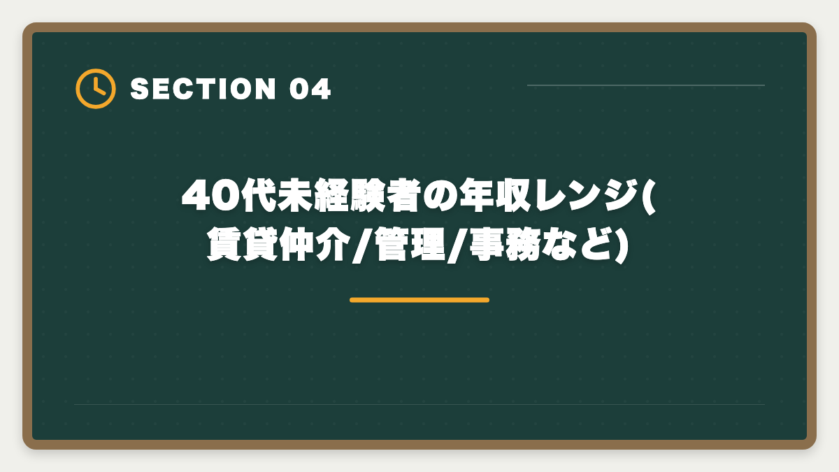 40代未経験者の年収レンジ(賃貸仲介/管理/事務など)|宅建40代未経験から不動産業転職で後悔しない判断軸|年収・働き方完全ガイドの図解