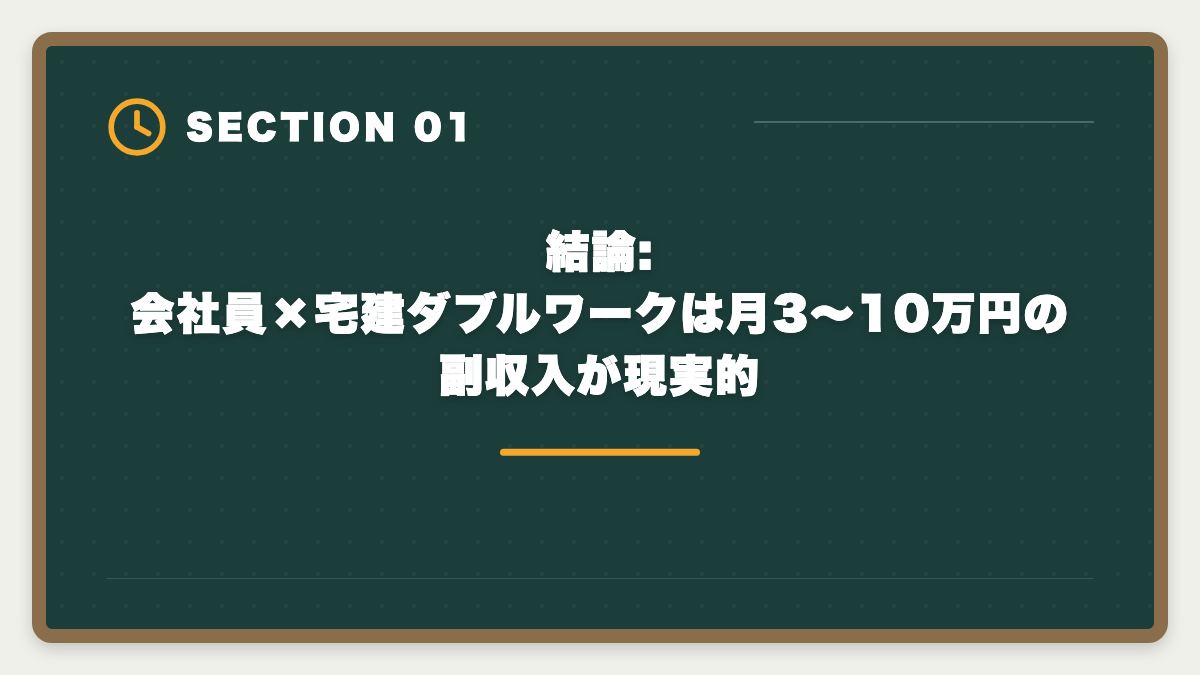 結論:会社員×宅建ダブルワークは月3〜10万円の副収入が現実的｜会社員のダブルワークで宅建取得|副業解禁時代の活用法と就業規則チェックの図解