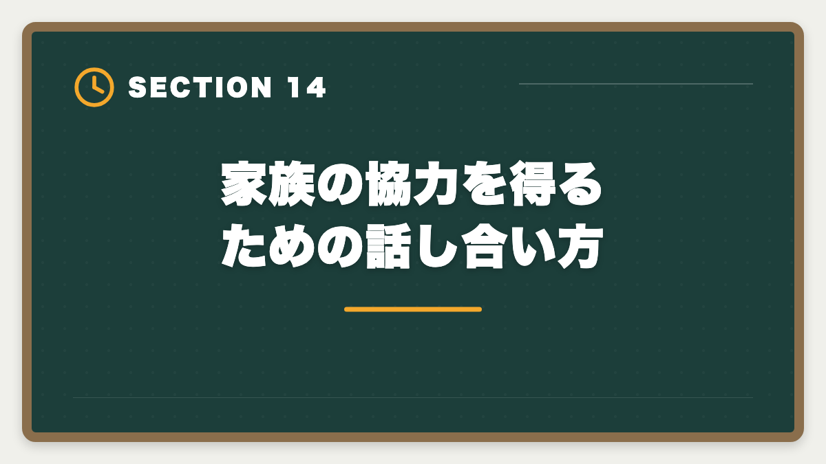 家族の協力を得るための話し合い方｜育休中に宅建を取って復職時の年収UPを実現する完全ガイド|時間術と給付金活用の図解