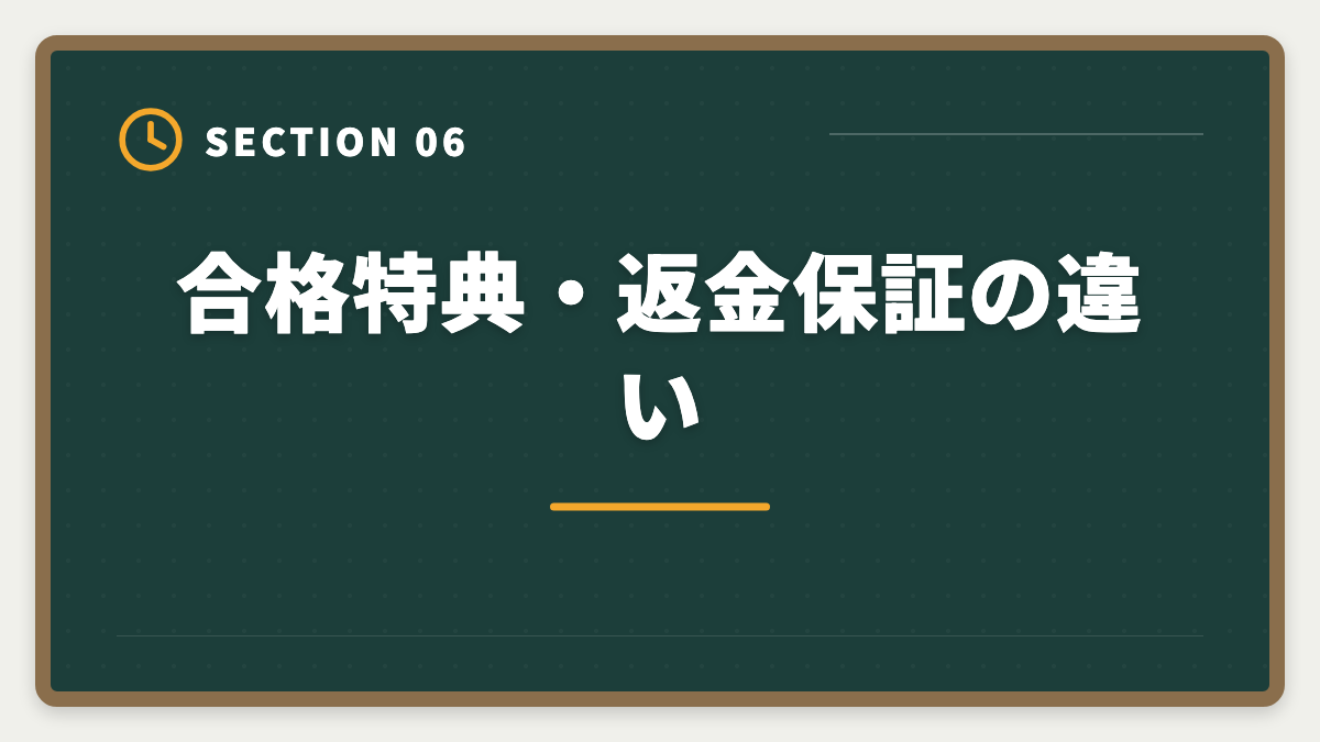 合格特典・返金保証の違い|アガルートとフォーサイトを宅建で徹底比較|合格率・価格・教材の違いを完全網羅の図解