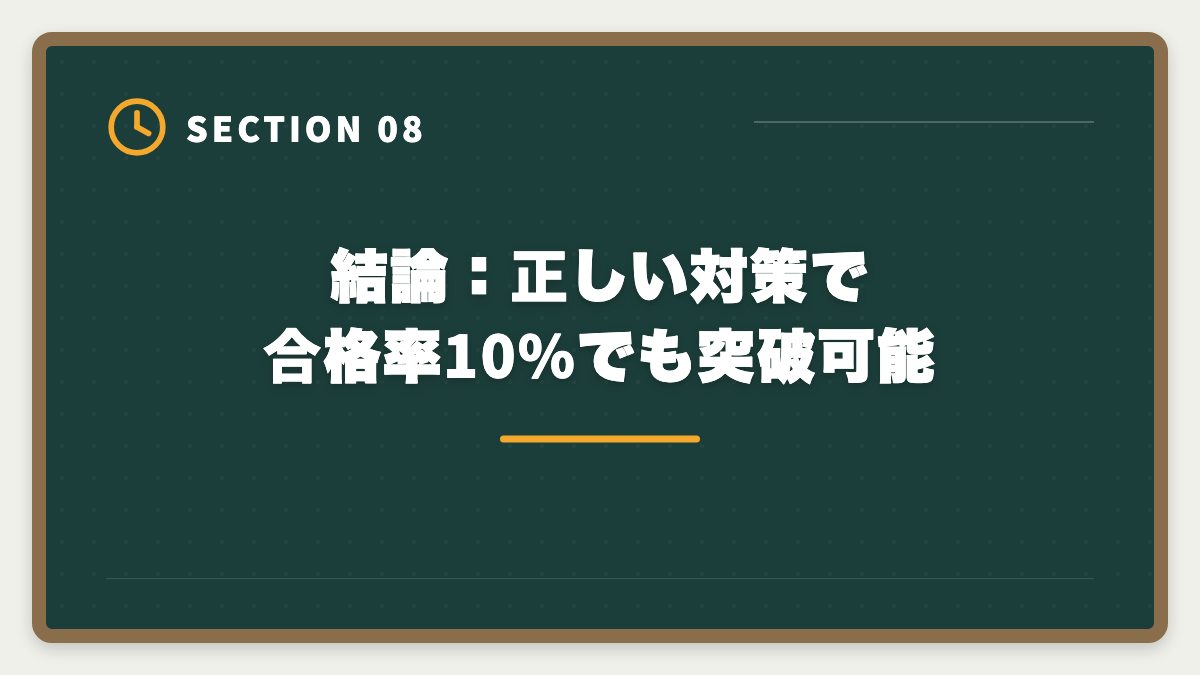 結論:正しい対策で合格率10%でも突破可能|公認会計士試験の合格率は約10%|難易度・受験者属性・合格戦略を徹底解説の図解