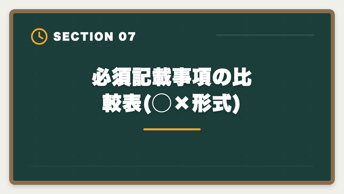 必須記載事項の比較表(◯×形式)|宅建35条書面と37条書面の違いを完全暗記|記載事項比較表と語呂合わせの図解
