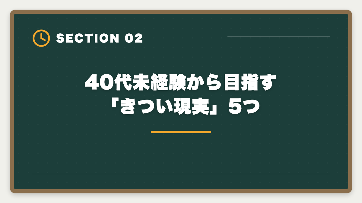 40代未経験から目指す「きつい現実」5つ｜土地家屋調査士は40代未経験から転職できる｜合格者の30%が40代の現実の図解