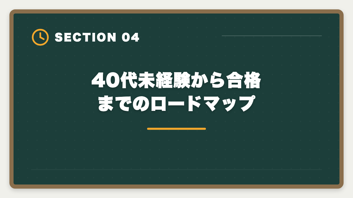 40代未経験から合格までのロードマップ｜土地家屋調査士は40代未経験から転職できる｜合格者の30%が40代の現実の図解