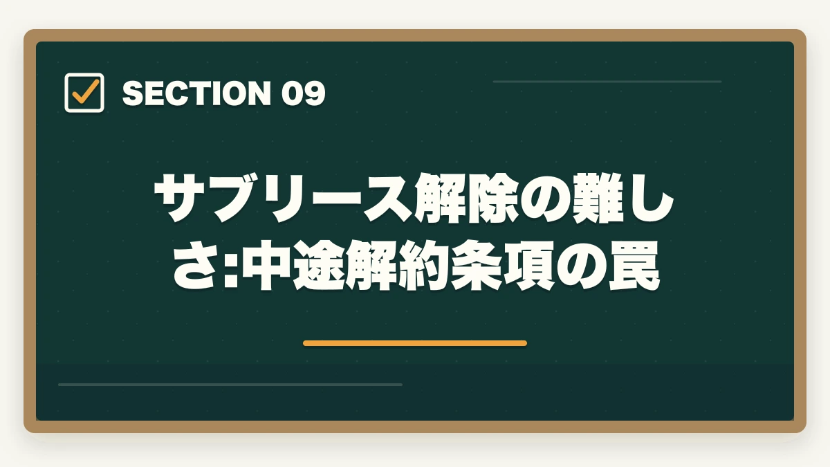 サブリース解除の難しさ:中途解約条項の罠|サブリース契約の危険性とトラブル事例|宅建知識で防ぐ家賃減額リスク完全解説の図解