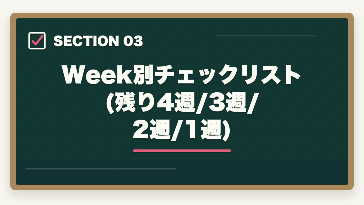 Week別チェックリスト(残り4週/3週/2週/1週)|宅建直前1ヶ月でやること完全チェックリスト|9月からの逆転合格スケジュールの図解