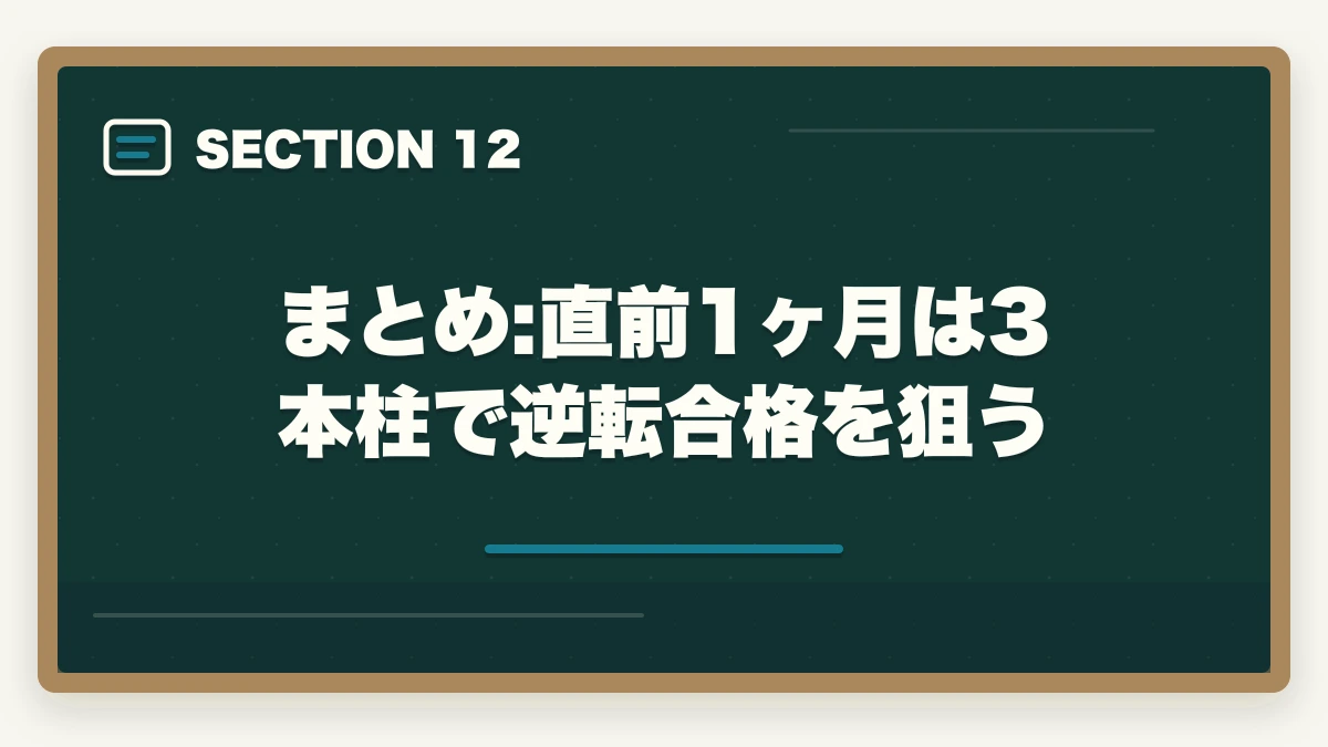 まとめ:直前1ヶ月は3本柱で逆転合格を狙う|宅建直前1ヶ月でやること完全チェックリスト|9月からの逆転合格スケジュールの図解