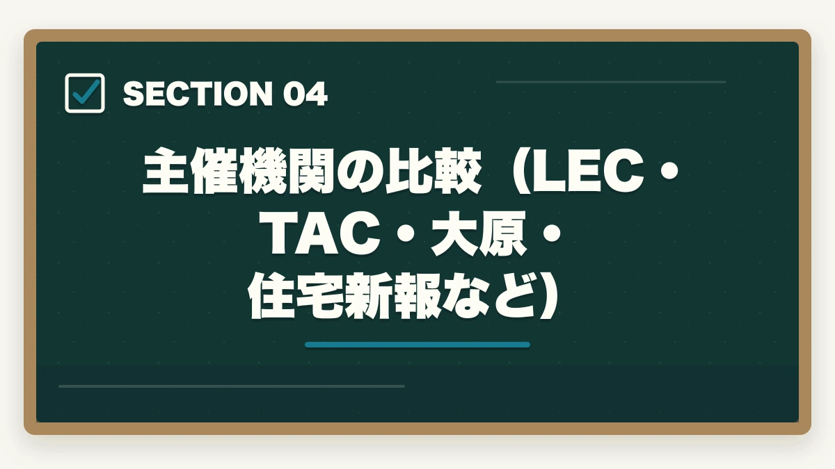 主催機関の比較（LEC・TAC・大原・住宅新報など）｜宅建合格後の登録実務講習は必要?対象者・流れ・費用・修了試験まで完全ガイドの図解