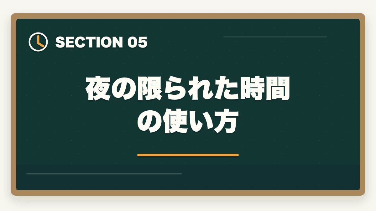 夜の限られた時間の使い方|仕事しながら宅建を取る勉強時間確保術|1日2時間×6ヶ月で合格する社会人ロードマップの図解
