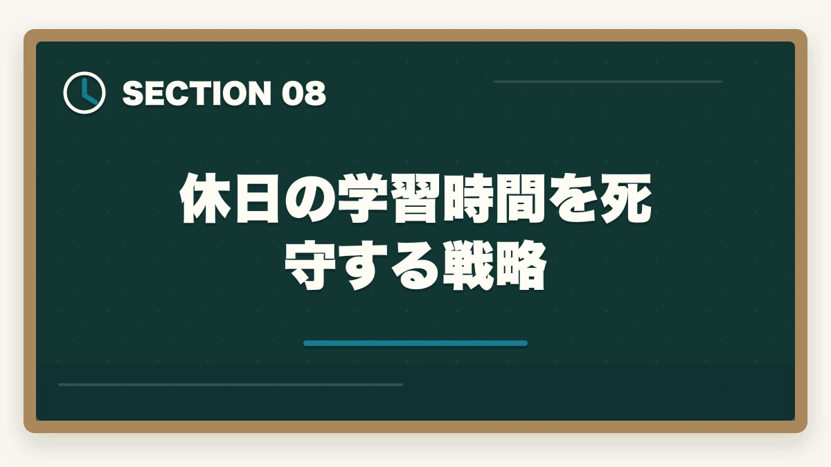 休日の学習時間を死守する戦略|仕事しながら宅建を取る勉強時間確保術|1日2時間×6ヶ月で合格する社会人ロードマップの図解