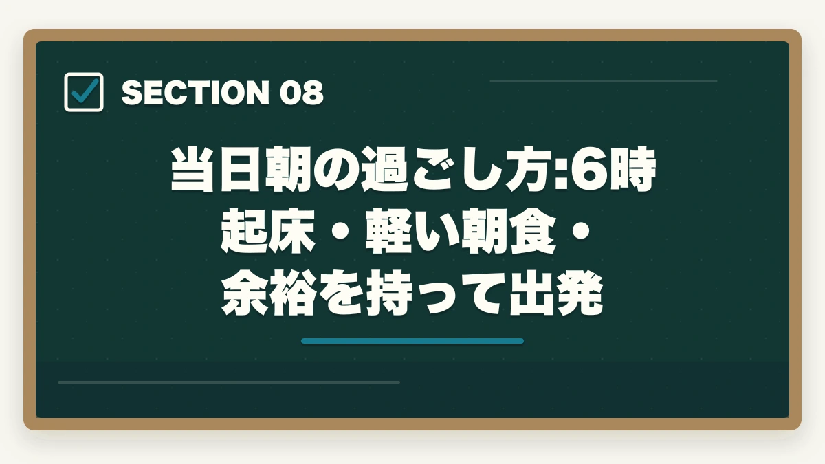 当日朝の過ごし方:6時起床・軽い朝食・余裕を持って出発｜宅建試験直前1週間の過ごし方|新規論点は触らず過去問総復習で2点上積みの図解