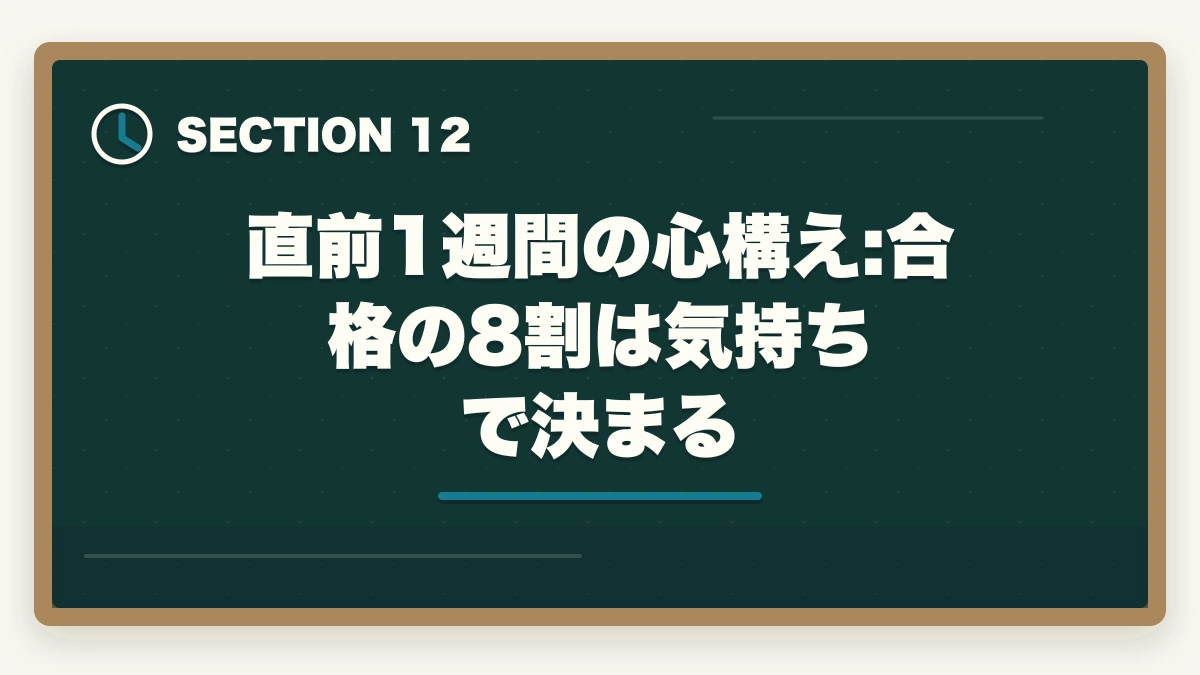 直前1週間の心構え:合格の8割は気持ちで決まる｜宅建試験直前1週間の過ごし方|新規論点は触らず過去問総復習で2点上積みの図解