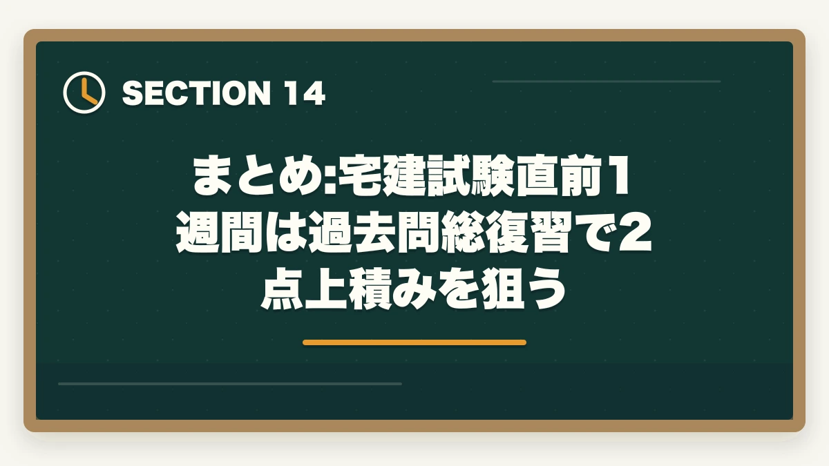 まとめ:宅建試験直前1週間は過去問総復習で2点上積みを狙う｜宅建試験直前1週間の過ごし方|新規論点は触らず過去問総復習で2点上積みの図解