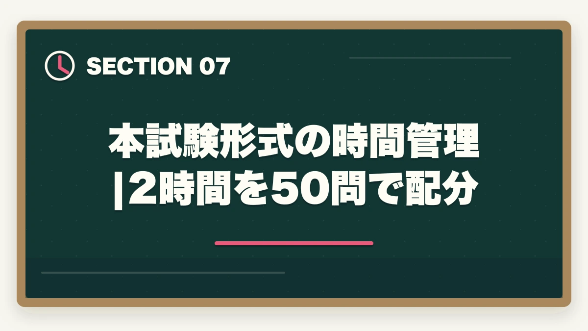 本試験形式の時間管理|2時間を50問で配分｜宅建過去問の正しい解き方と順番|10年分5周で得点を10点上げる戦略の図解