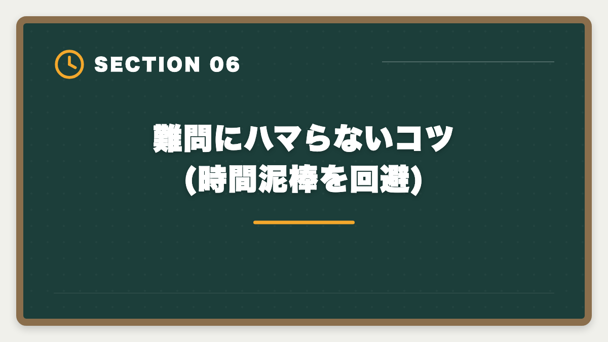 難問にハマらないコツ(時間泥棒を回避)｜宅建試験の時間配分戦略|2時間で50問解く科目別ペース配分と見直し時間確保術の図解