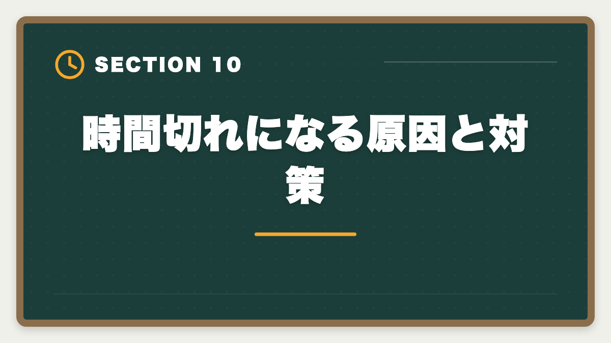 時間切れになる原因と対策｜宅建試験の時間配分戦略|2時間で50問解く科目別ペース配分と見直し時間確保術の図解
