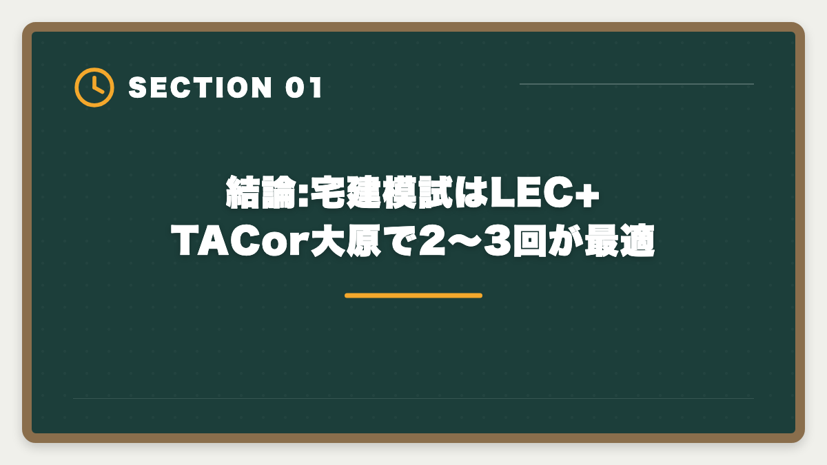 結論:宅建模試はLEC+TACor大原で2〜3回が最適｜宅建模試おすすめ各社比較|LEC・TAC・大原・フォーサイトを受ける順序と活用法の図解