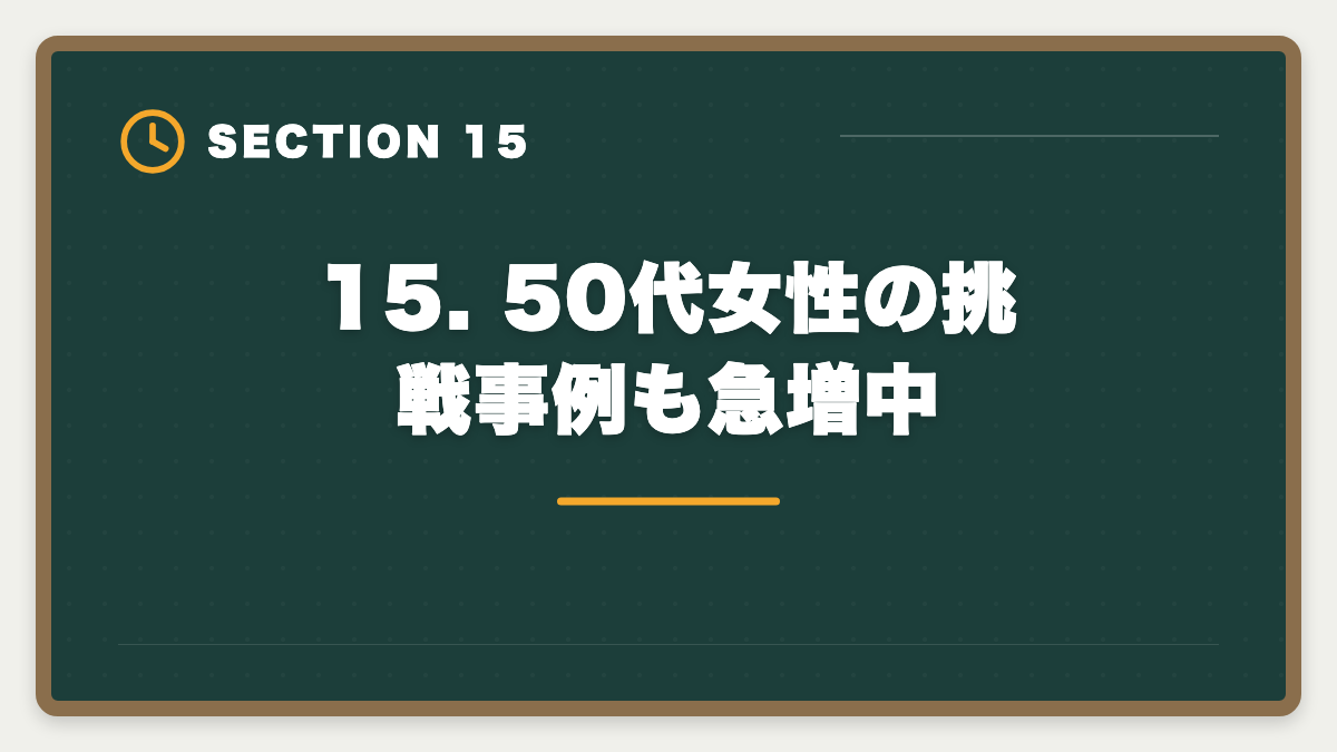 15. 50代女性の挑戦事例も急増中｜土地家屋調査士 50代からの挑戦戦略｜合格者データと開業の現実の図解