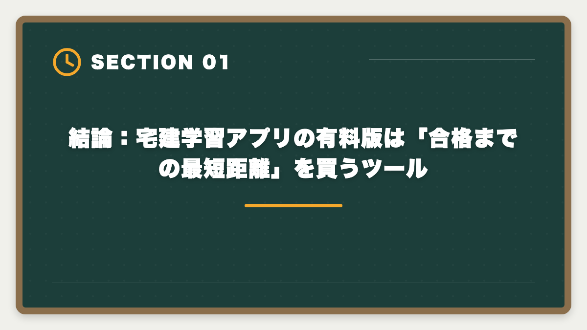 結論：宅建学習アプリの有料版は「合格までの最短距離」を買うツール｜宅建学習アプリ有料版の比較ランキング|無料との違いと選び方完全ガイドの図解