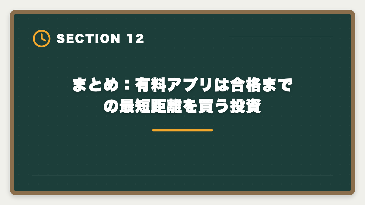 まとめ：有料アプリは合格までの最短距離を買う投資｜宅建学習アプリ有料版の比較ランキング|無料との違いと選び方完全ガイドの図解