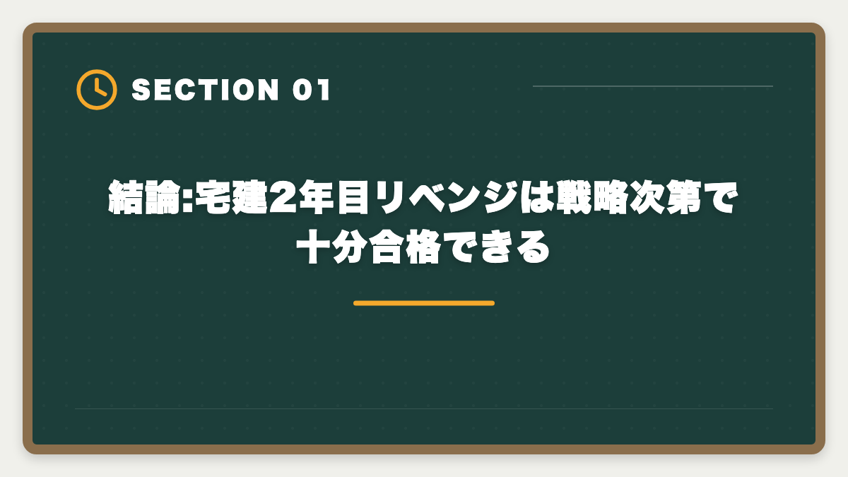 結論:宅建2年目リベンジは戦略次第で十分合格できる|宅建2年目リベンジで合格する戦略|1年目の失敗を活かす5つの行動の図解